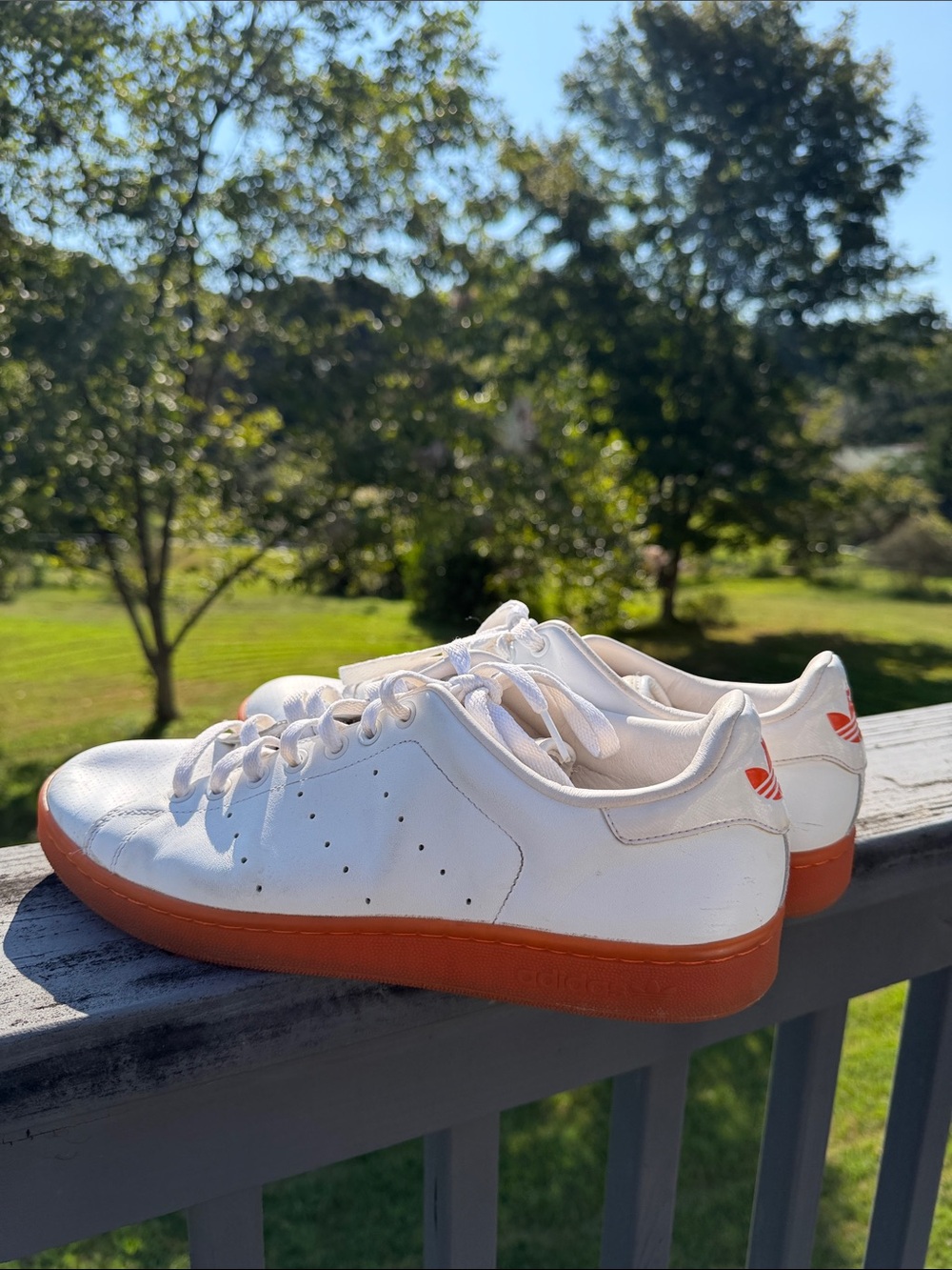 Adidas Men's White Sneakers with Orange Sole, Read